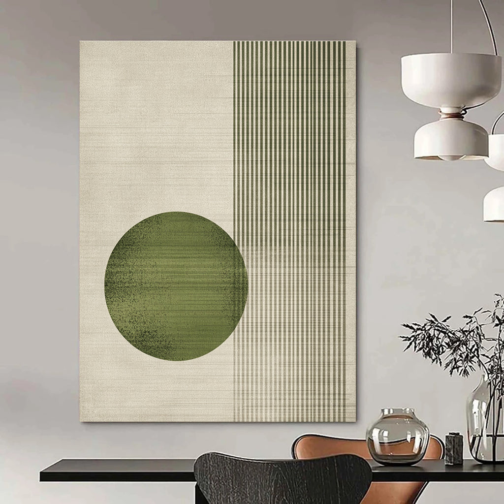 Large abstract painting featuring a round green circle and textured vertical lines in a light gray color scheme with natural earthy tones.STSC1328