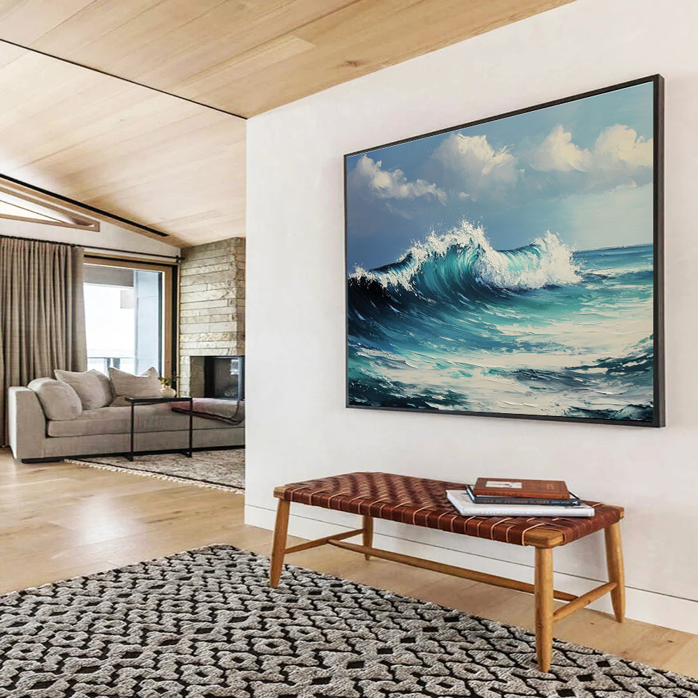 Large abstract oil painting of ocean waves capturing dynamic movement and vibrant colors in the style of Greg Rutkowski for inspiring decor.SC602