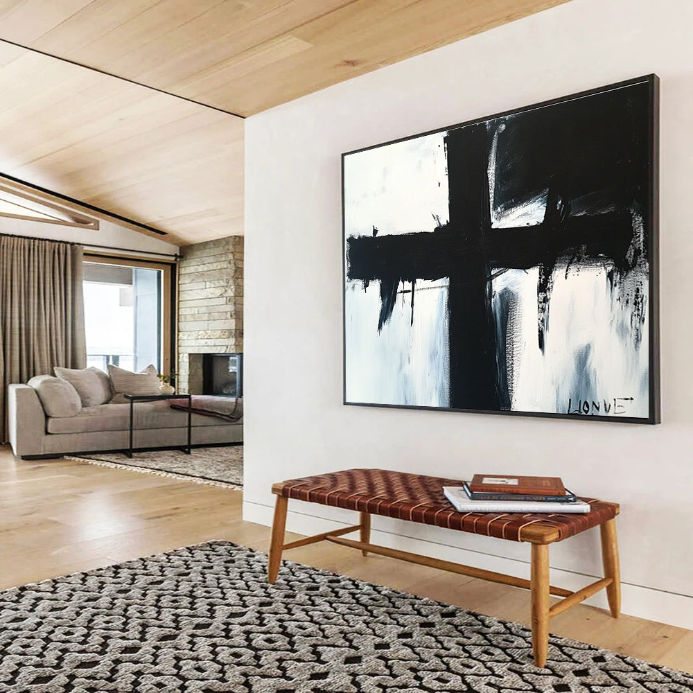 Black and White Cross Abstract Painting with Dripping and Bold Lines DYP179