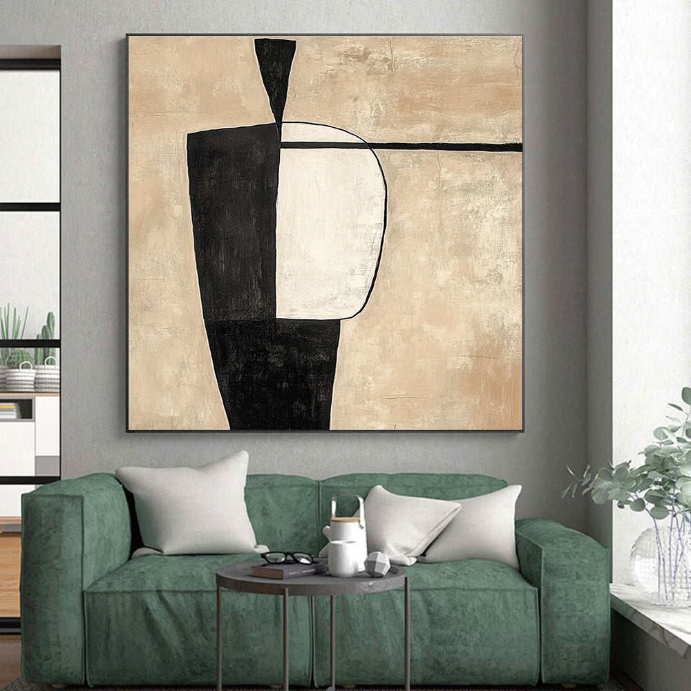 Beige and Black Abstract Painting with Minimalist Shapes GER142