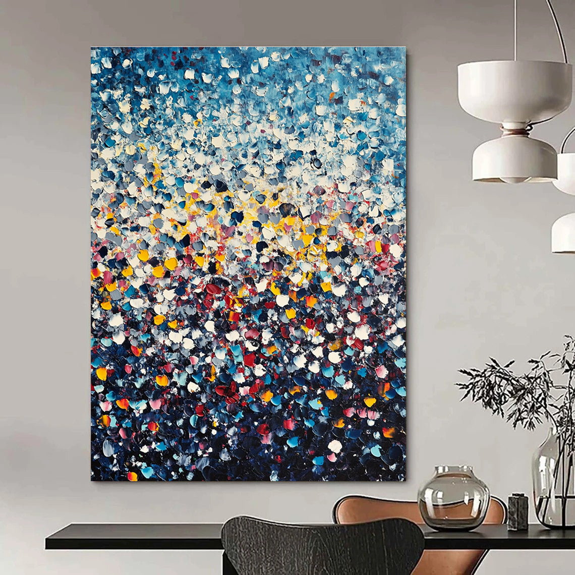 Large abstract painting featuring thousands of tiny flowers in blue yellow and red against a dark gradient background in Whistler's impressionistic style.STSC1140