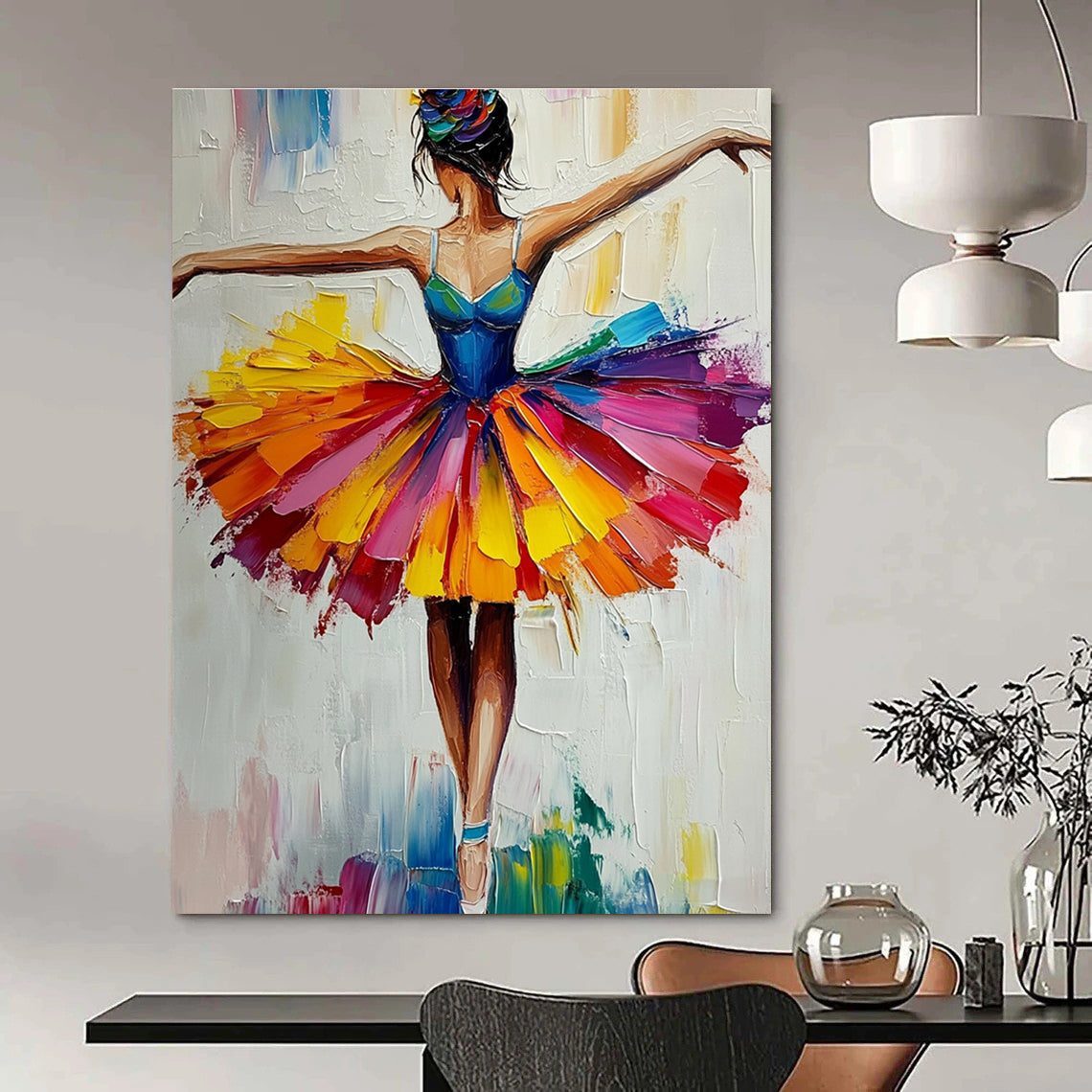Large abstract painting of a ballerina in a colorful tutu with vibrant brush strokes and palette knife techniques against a white background.STSC156