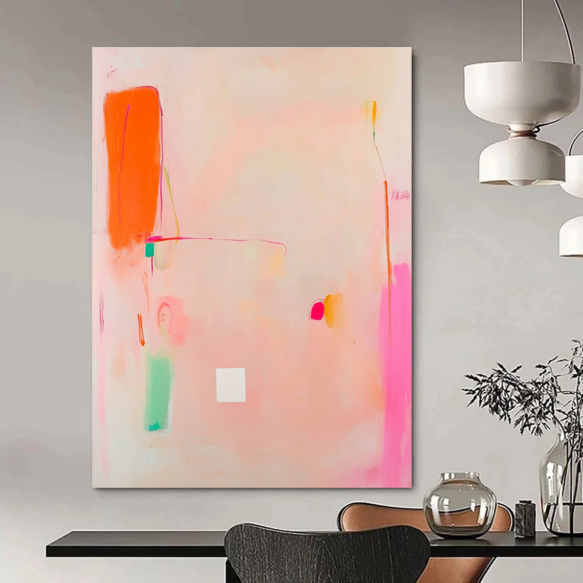 Abstract painting featuring light pink and orange tones with a central white square and soft doodle-like shapes in the corner.STSC770