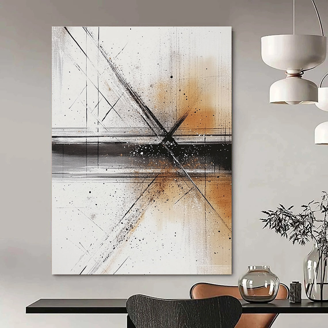 Large abstract painting with fluid lines and shapes in light gray dark beige and subtle amber tones featuring ink washes and soft atmospheric effects.STSC321