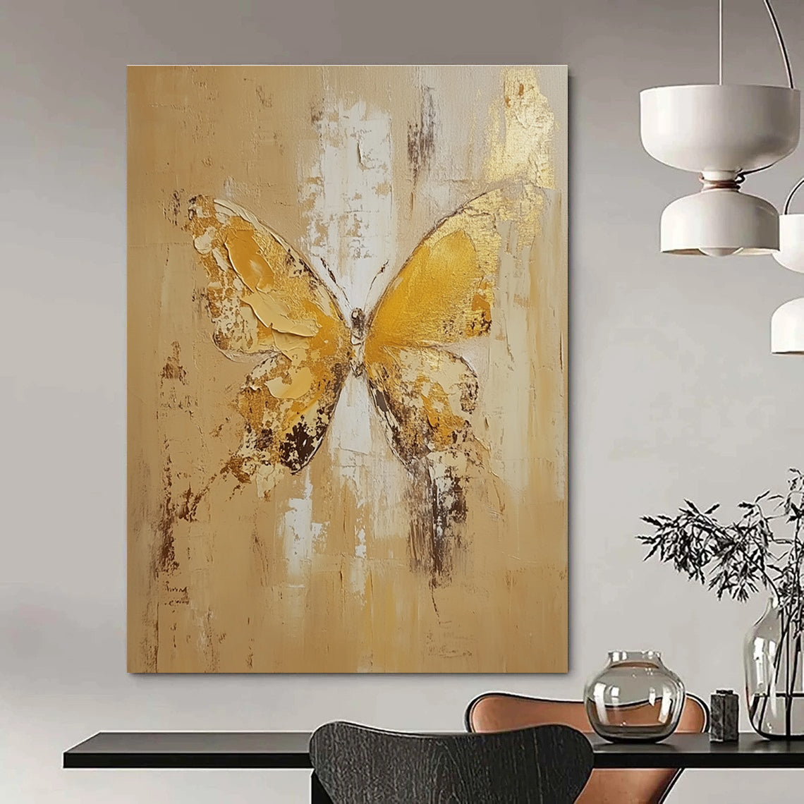 Large abstract painting of a butterfly in light yellow and beige tones with gold leaf and textured oil on canvas.STSC252