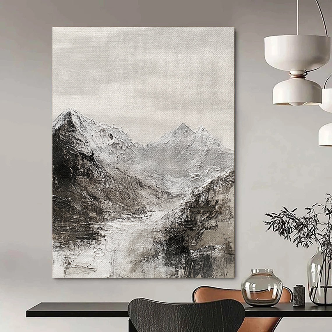 Large abstract painting of the English Lake District mountain range featuring textured canvas monochromatic gray and white oil paint abstract brush strokes.STSC642