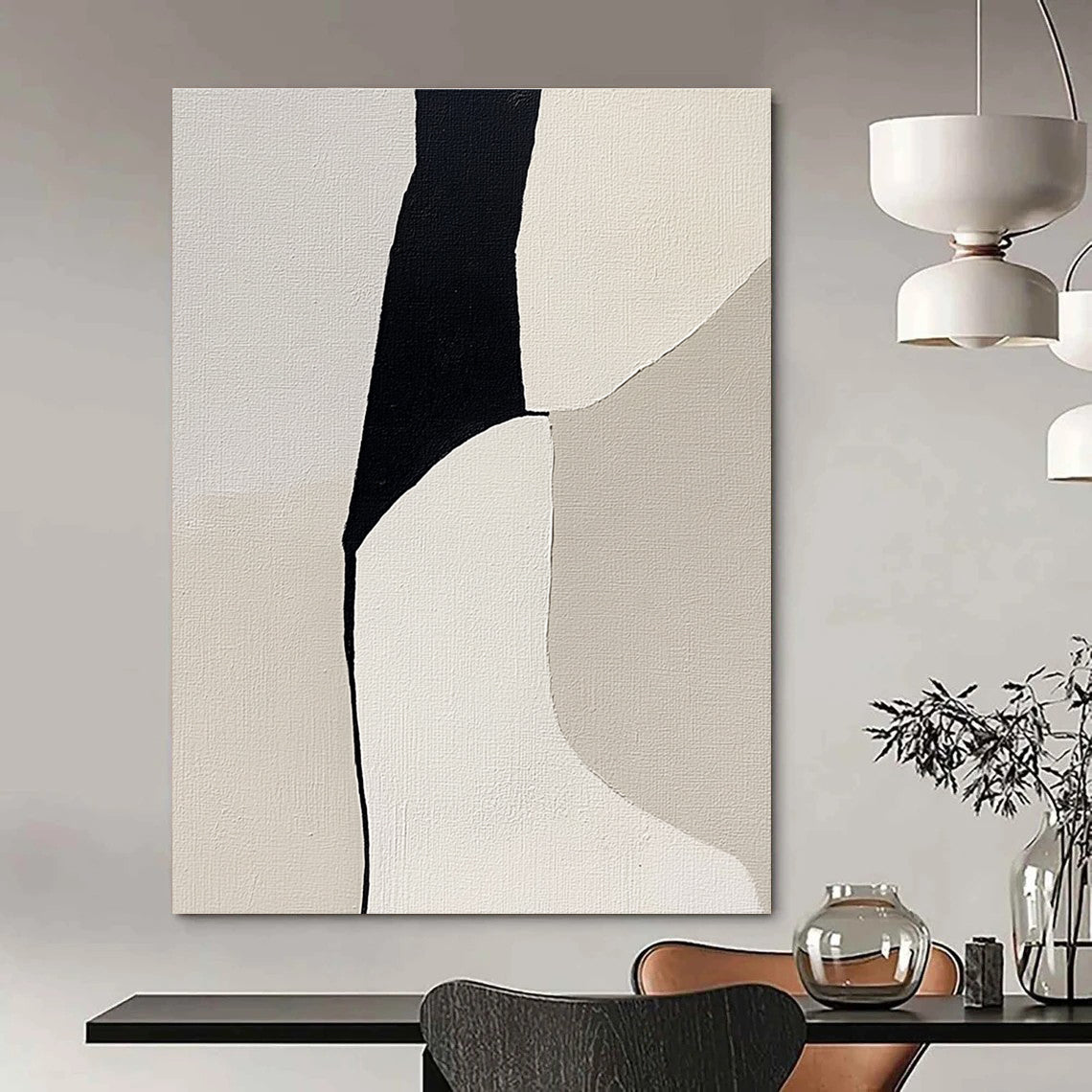 Abstract painting featuring a woman's form in shades of gray and beige on light gray canvas highlighting minimalism and depth through negative space.STSC792