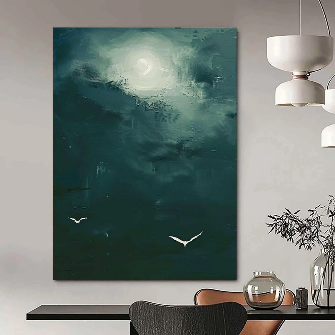 Green Sky with Birds Abstract Painting with Mysterious Light ADGE508