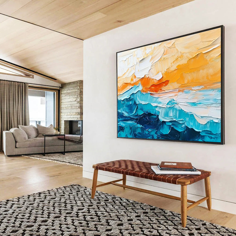 Textured Orange and Blue Waves Abstract Seascape Painting DYP291