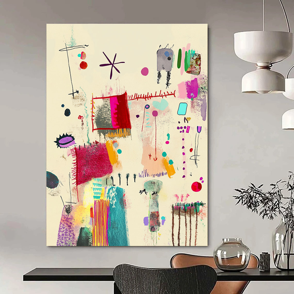 Large abstract painting featuring Mingei style with red lines colorful patterns and embroidered details on a light beige background.STSC1323