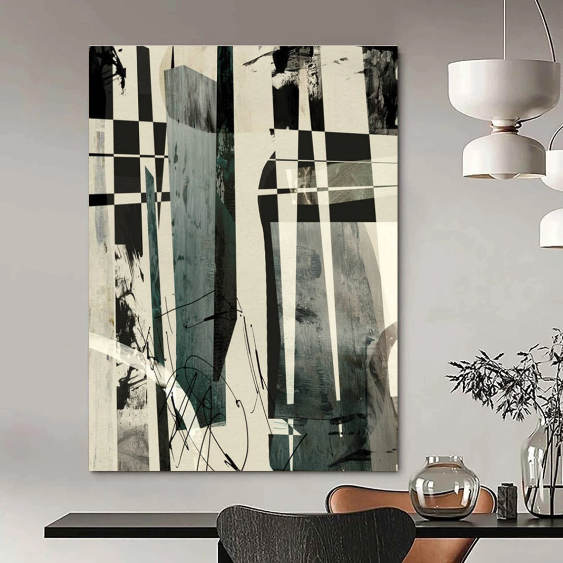 Checkered Abstract with Mixed Media and Dynamic Marks Painting ADGE218