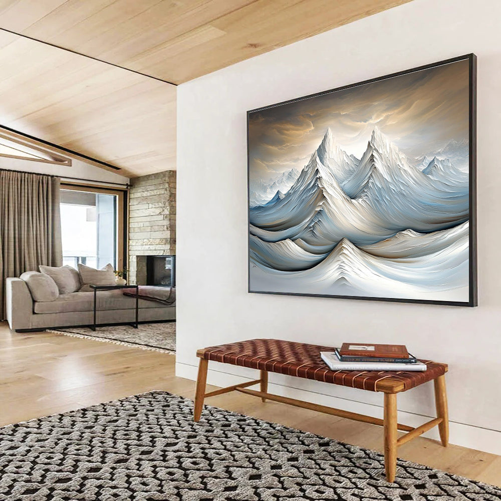 A large abstract painting featuring snowy mountains and rivers with soft lighting and delicate brushstrokes in a surreal gray and brown atmosphere.SC612