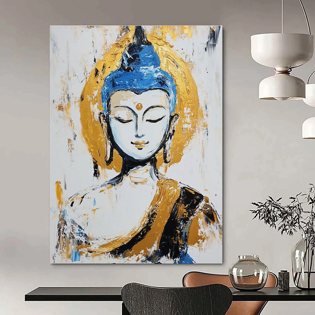 A large abstract painting of the Buddha with pale skin and blue hair in meditation against a white background featuring gold accents and visible brush strokes.STSC338