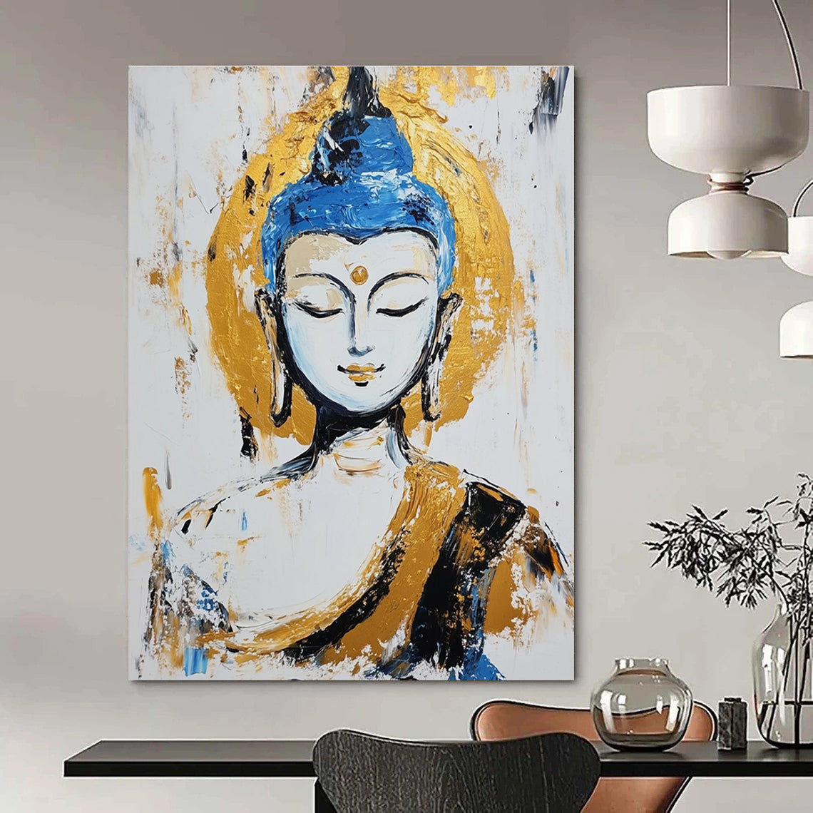 A large abstract painting of the Buddha with pale skin and blue hair in meditation against a white background featuring gold accents and visible brush strokes.STSC338