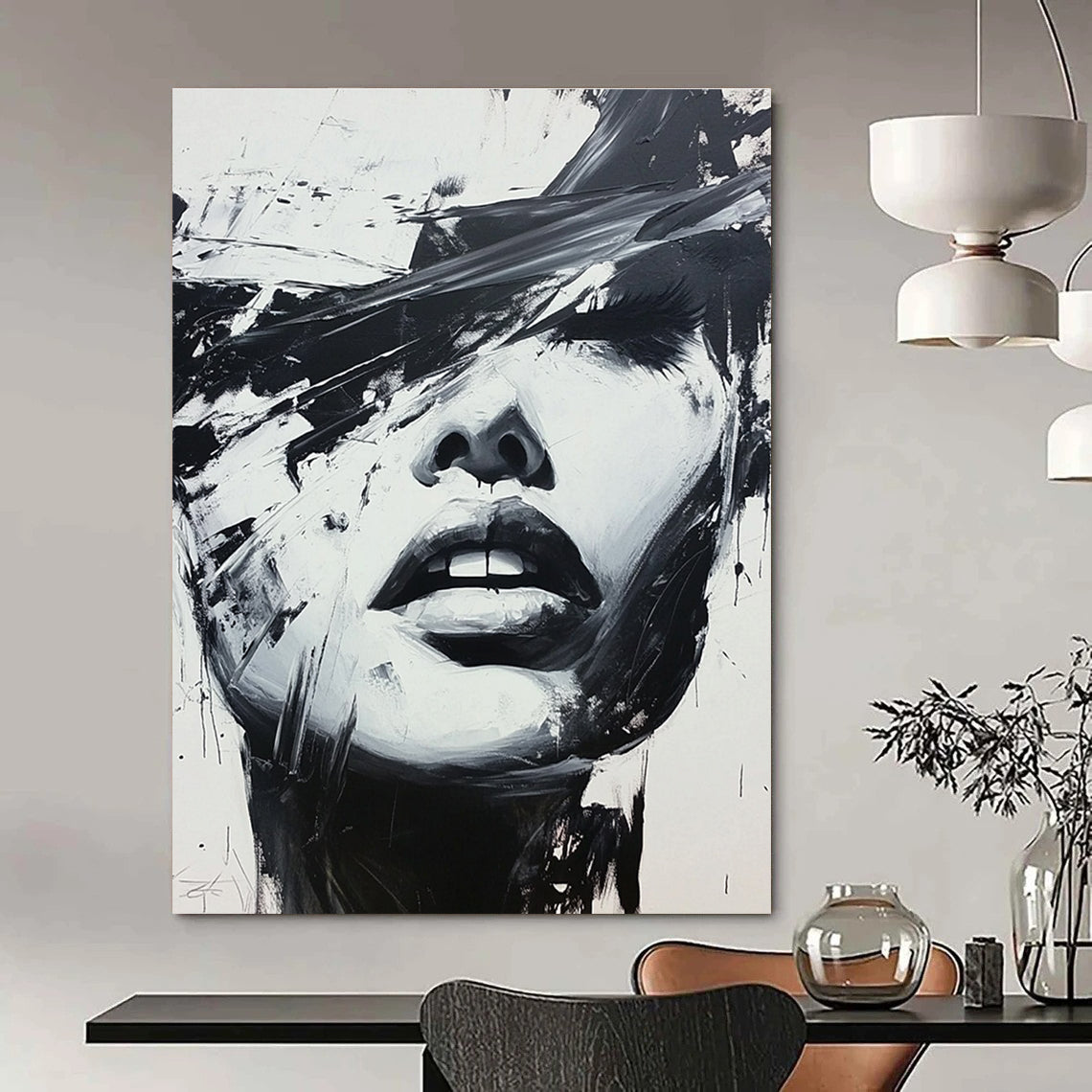 Large abstract black and white painting of a woman's face featuring expressive oil paint splatters in a dynamic graffiti style.STSC023