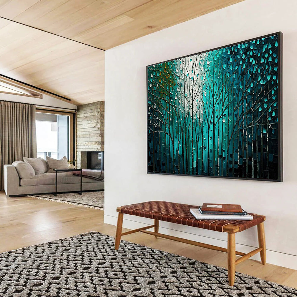Teal Forest Abstract Painting with Intricate Tree Patterns THY311