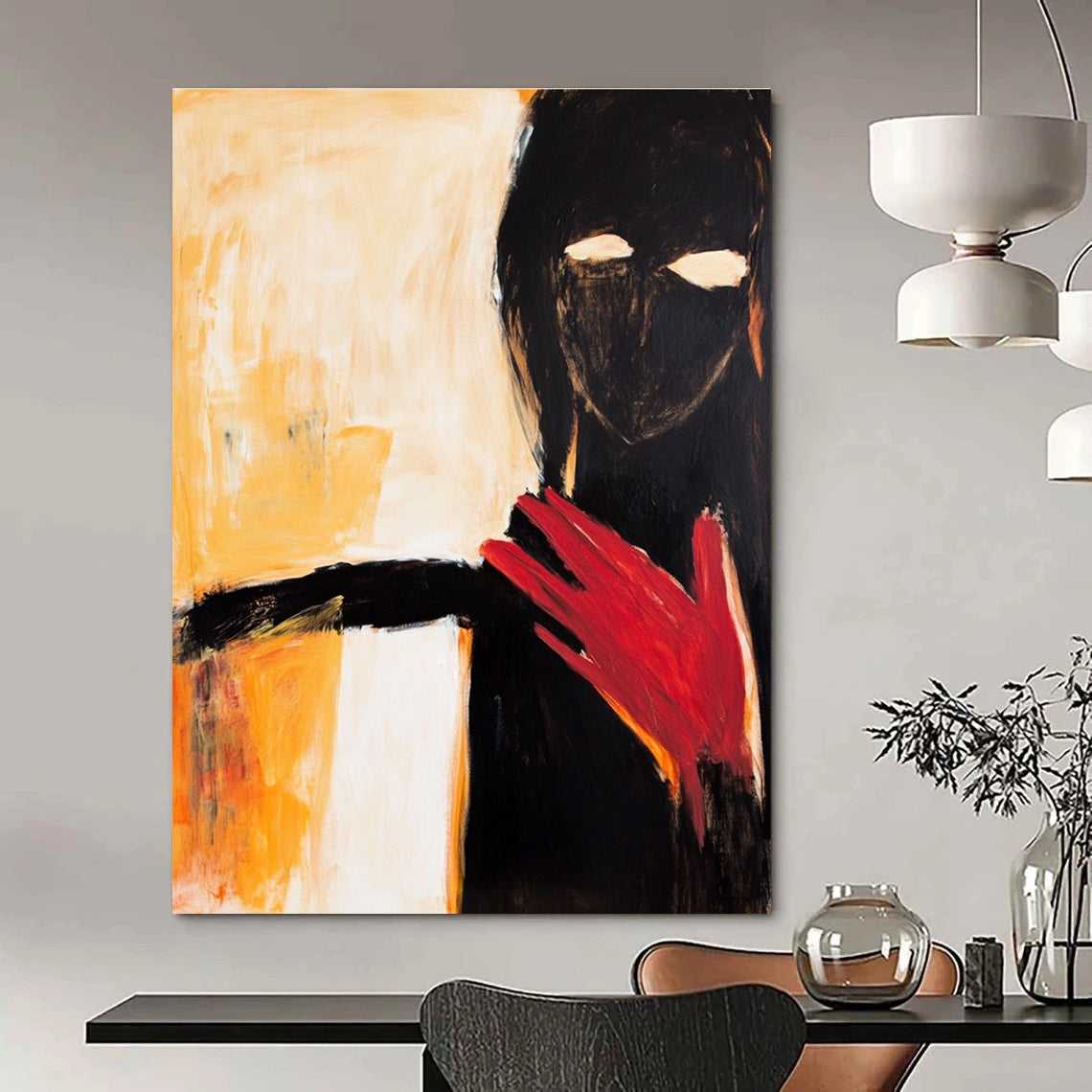Large abstract painting of an elegant woman in black and white with a striking red hand and warm shades of yellow and orange.STSC640