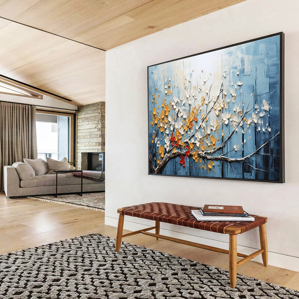 Textured Tree Abstract Painting with Blue, White, and Yellow Tones THY160