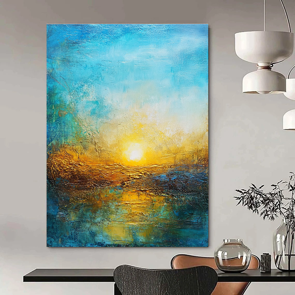 Large abstract painting featuring a vibrant sunset in golden hues and deep blues over a textured landscape symbolizing new beginnings and hope.STSC200