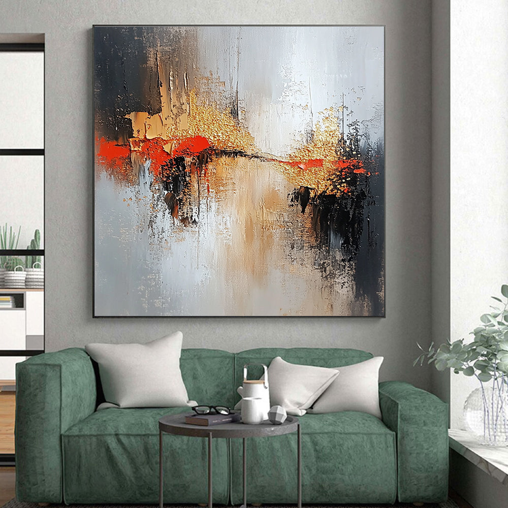 Red Gold and Gray Abstract Painting with Textured Layers GER556