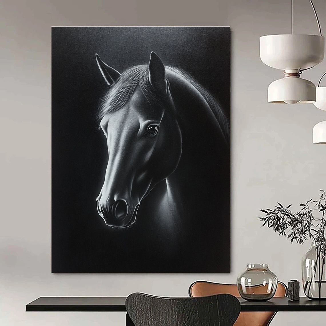 A large abstract oil painting of a horse's head in black and white with elegant lighting highlighting its features against a dark background.STSC1076