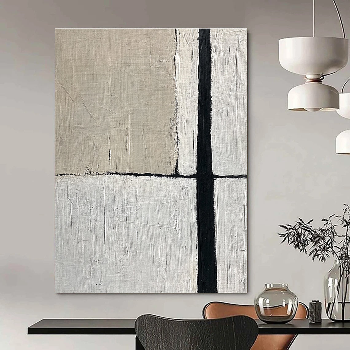 Large abstract painting featuring a minimalistic design with an empty space and a single black vertical line in beige and gray tones.STSC260