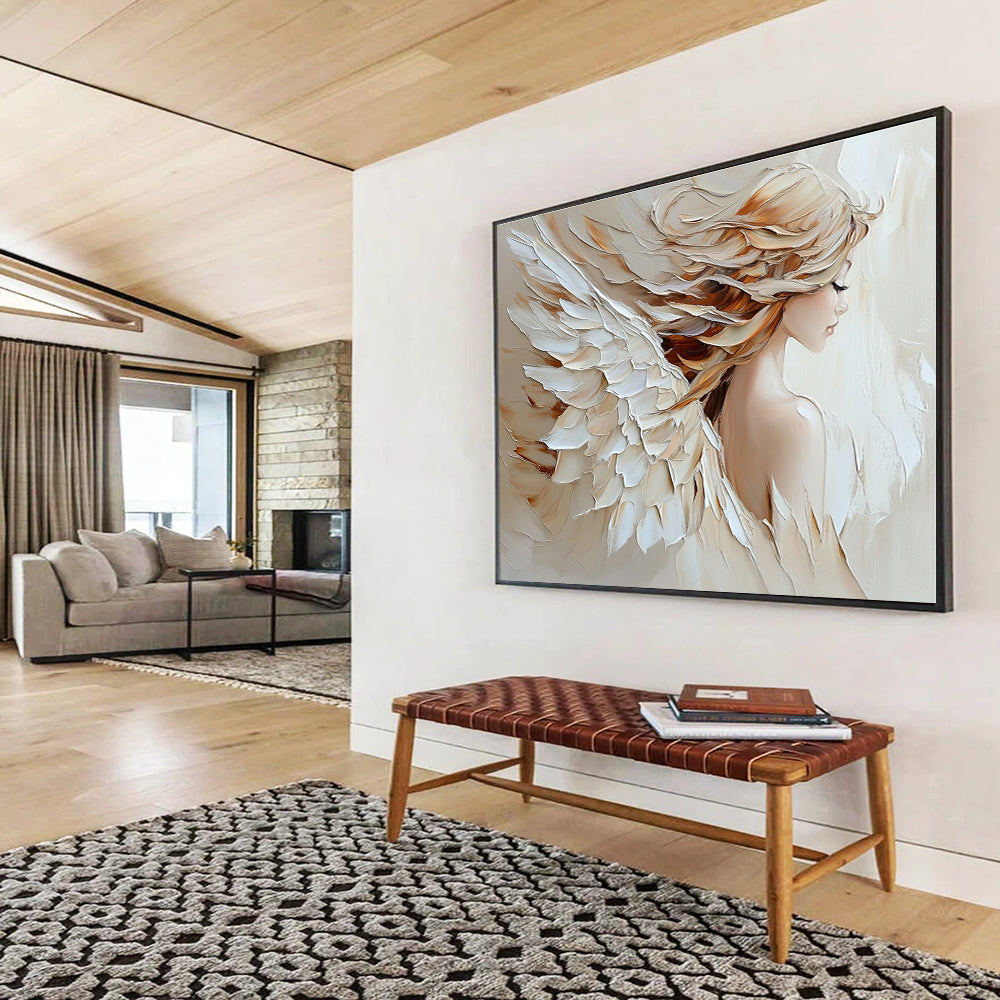 Large abstract oil painting of an angel with palette knife texture in beige and white colors featuring flowing hair on canvas.SC105