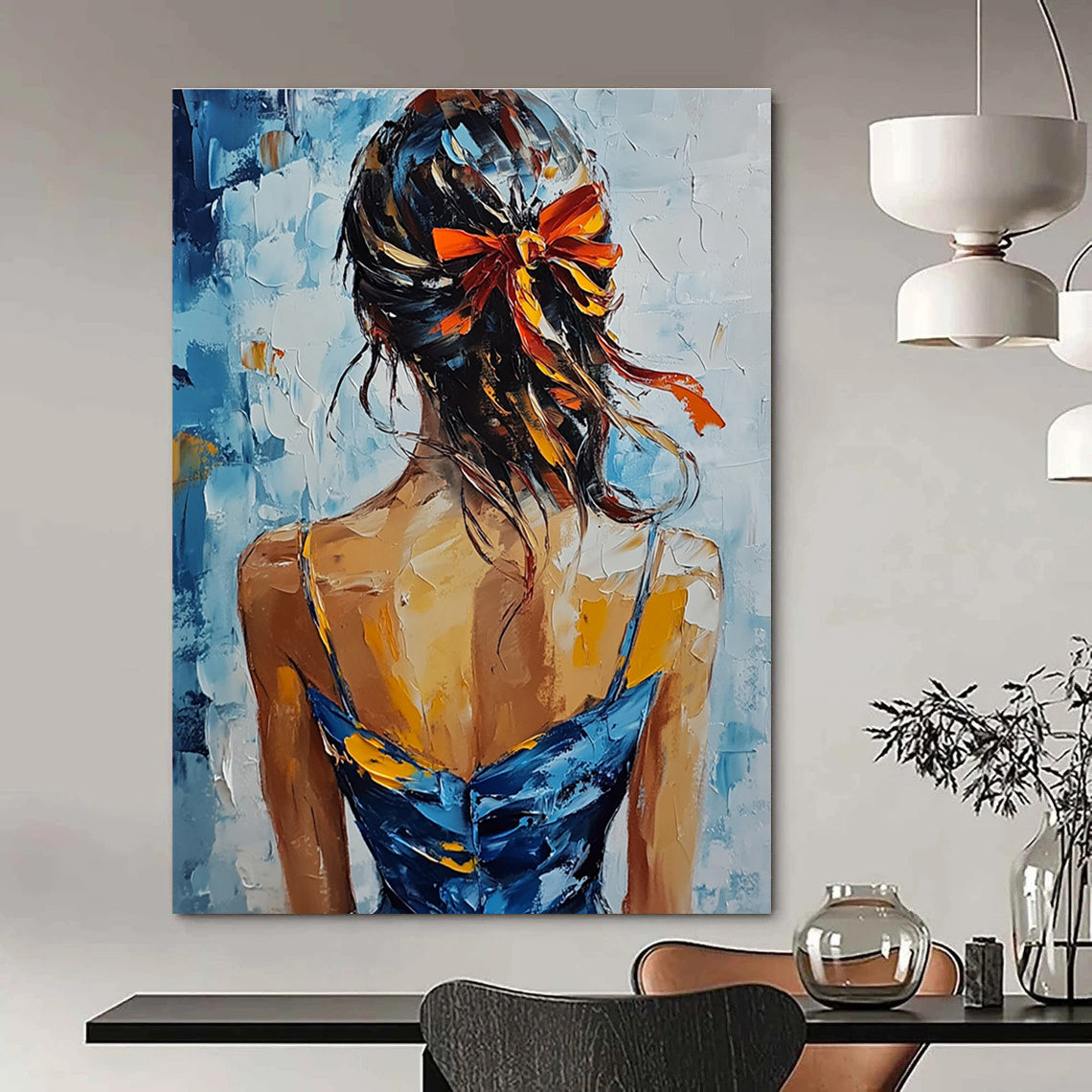 A large abstract painting featuring an elegant woman in a blue and yellow dress with red ribbons against a soft blue and white background.STSC879