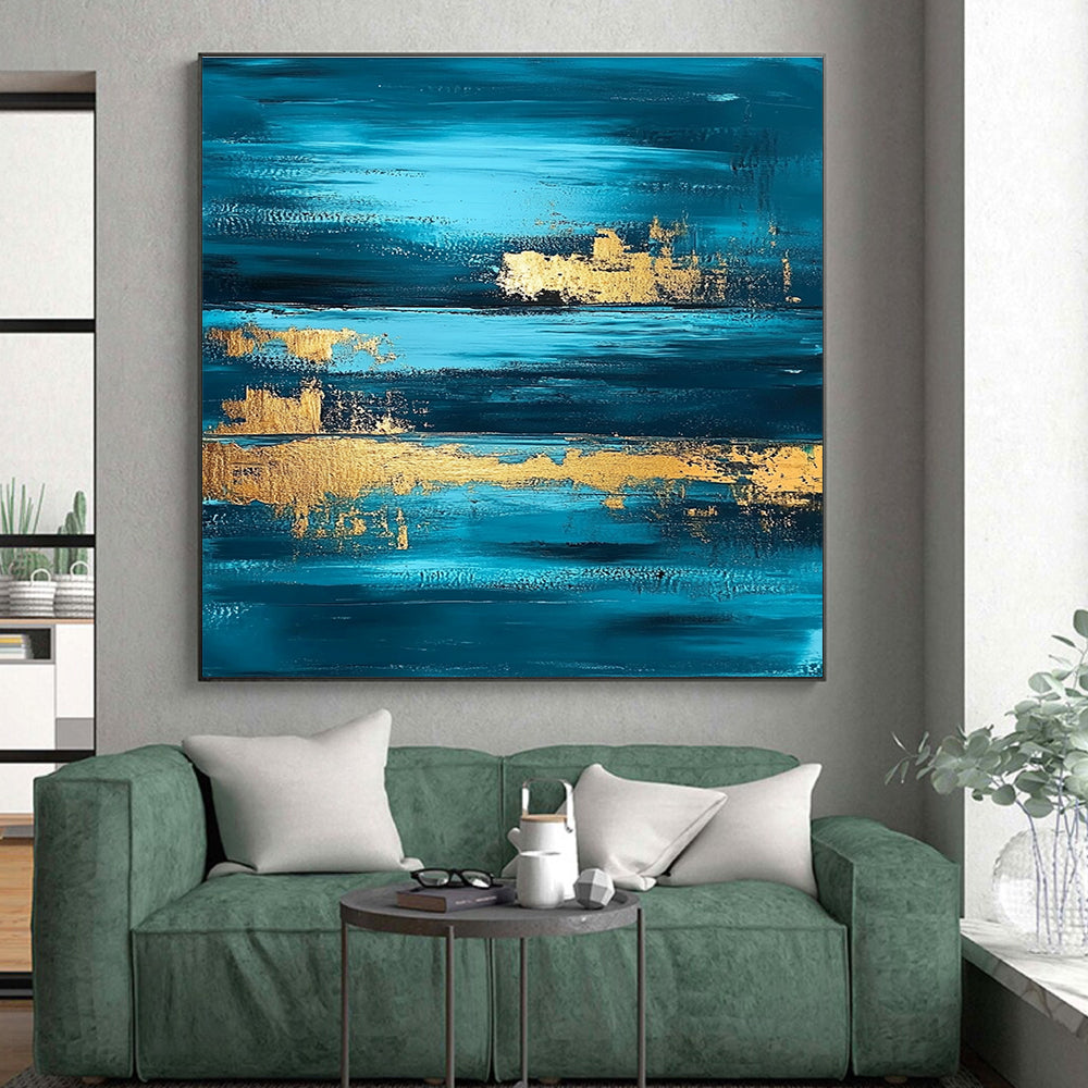 Deep Blue and Gold Abstract Painting with Layered Horizons GER375