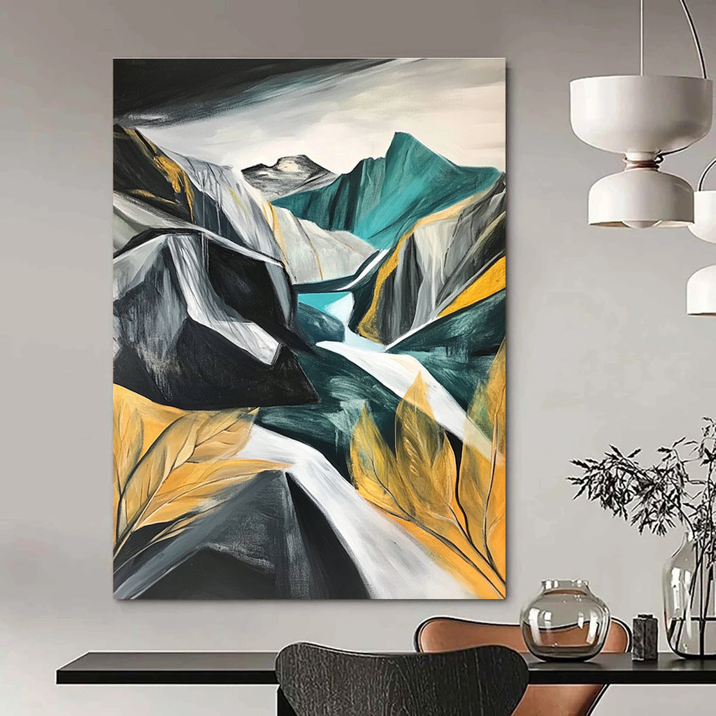 Large abstract painting of mountains and rocks featuring grey white teal gold black and green with a low angle close-up of leaves and a snow storm.STSC191