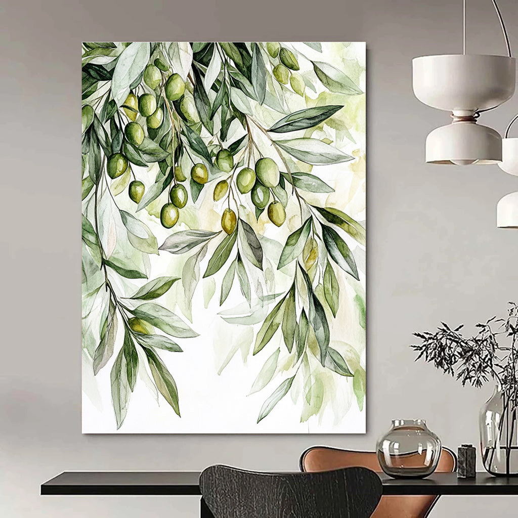 Large abstract painting featuring detailed olive tree foliage in soft greens and whites with olives creating a warm inviting atmosphere.STSC1460