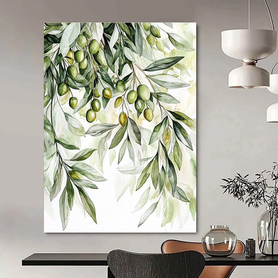 Large abstract painting featuring detailed olive tree foliage in soft greens and whites with olives creating a warm inviting atmosphere.STSC1460