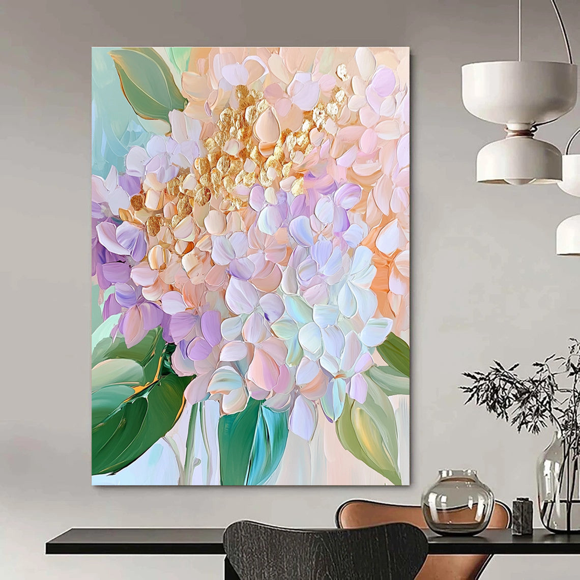 Large abstract painting of pastel hydrangeas featuring golden petals and delicate textures in soft pinks greens and blues.STSC1153