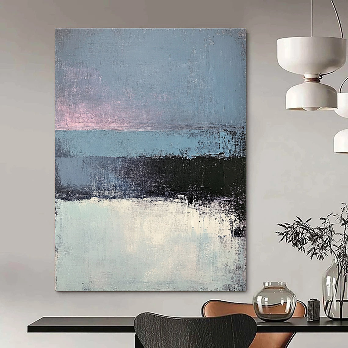 Large abstract painting of layered gray-blue sea and dark blue pink sky showcasing minimalist design with exquisite brushwork and light effects.STSC347
