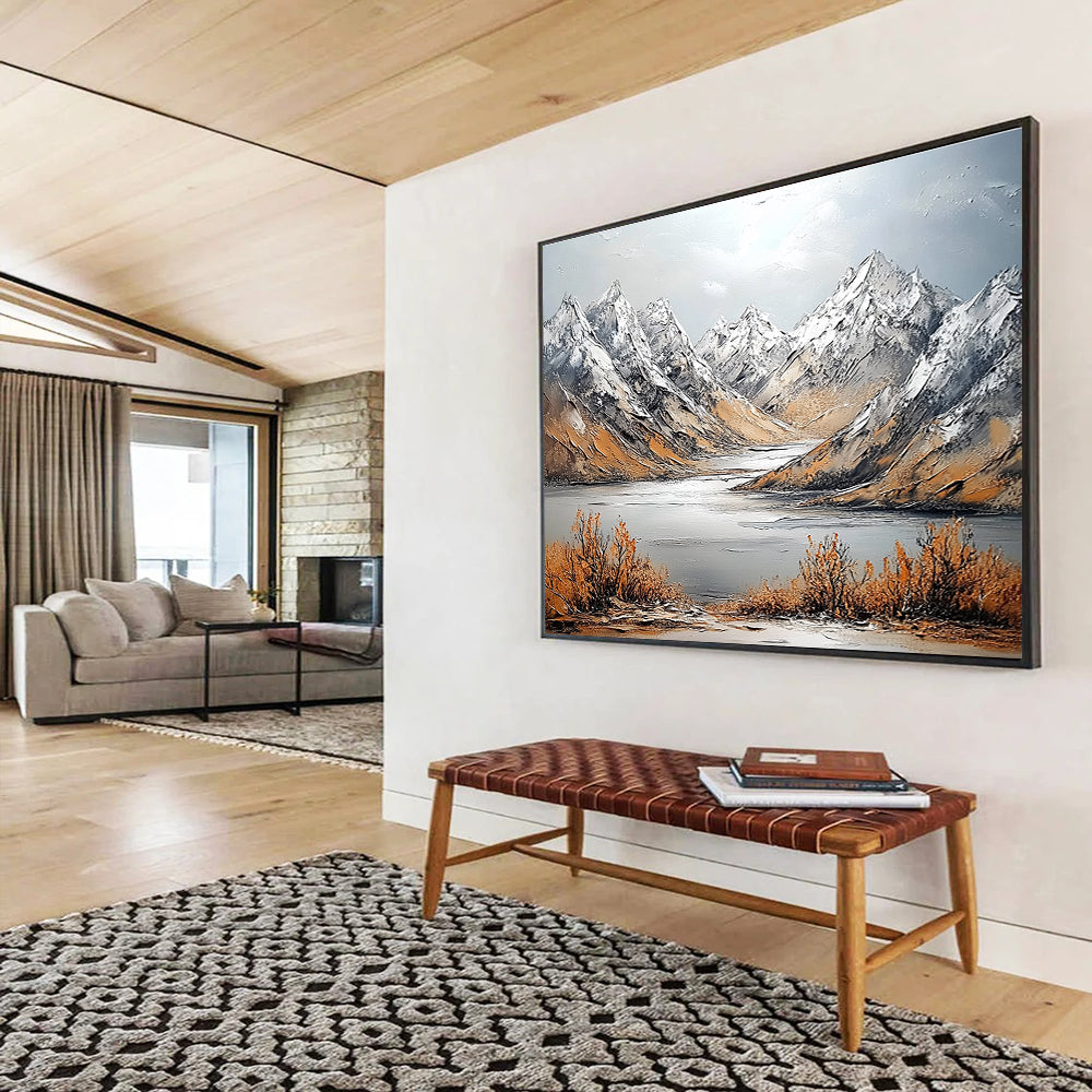 Large abstract painting featuring snowy mountains and intricate textures with a panoramic view of a distant river and soft light.SC611