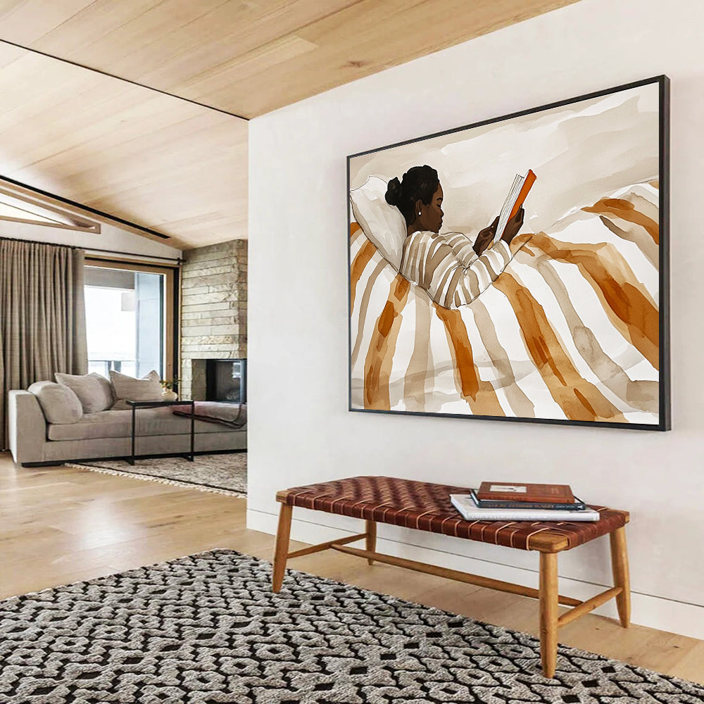 Woman Reading in Bed Watercolor Abstract Painting with Warm Neutrals DYP615