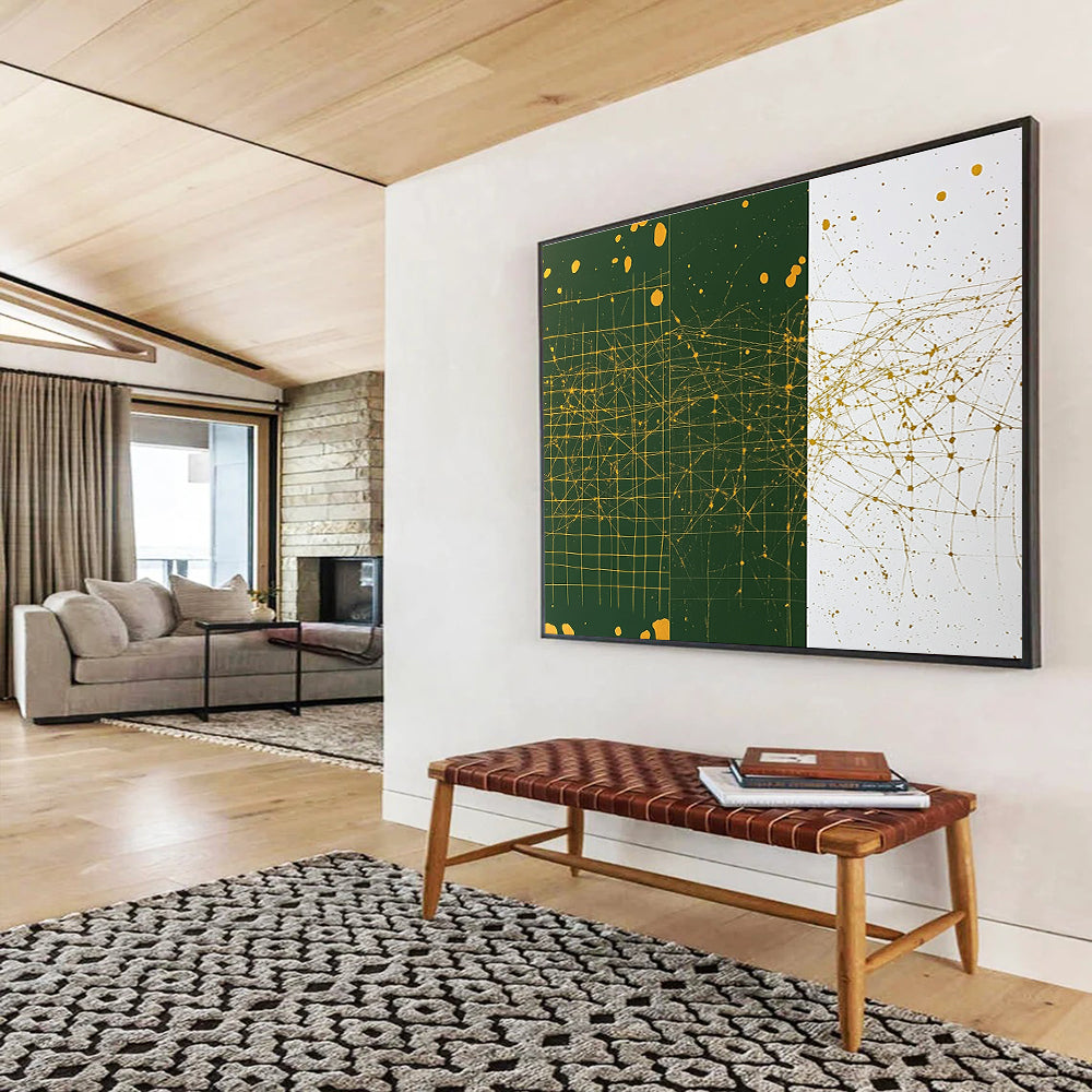 An abstract painting featuring a grid pattern in white and green with yellow splashes gold ink and dark green designs with brown dots.SC471