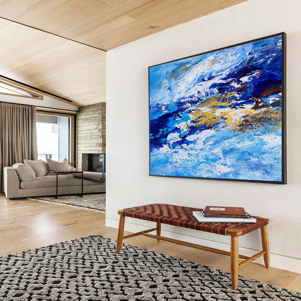 Blue Gold Abstract Painting with Ocean Wave Motifs THY345