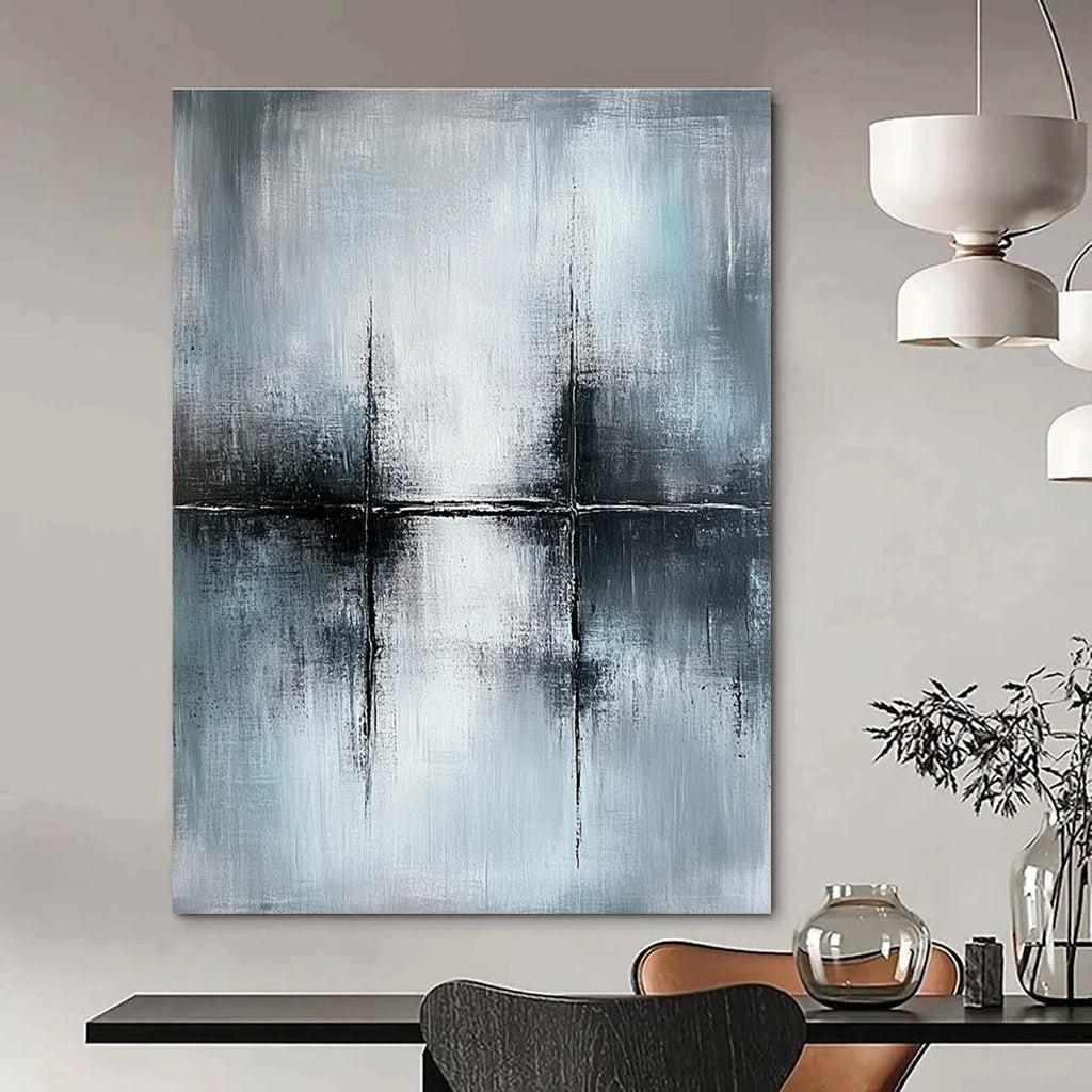 Large abstract painting in gray and white, featuring canvas texture and ultra-realistic oil paint details for a striking visual impact.STSC070