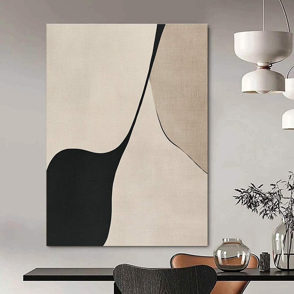 Bold abstract art featuring black lines on a beige background showcasing the elegant simplicity of the female form through simple shapes and curves.STSC1324