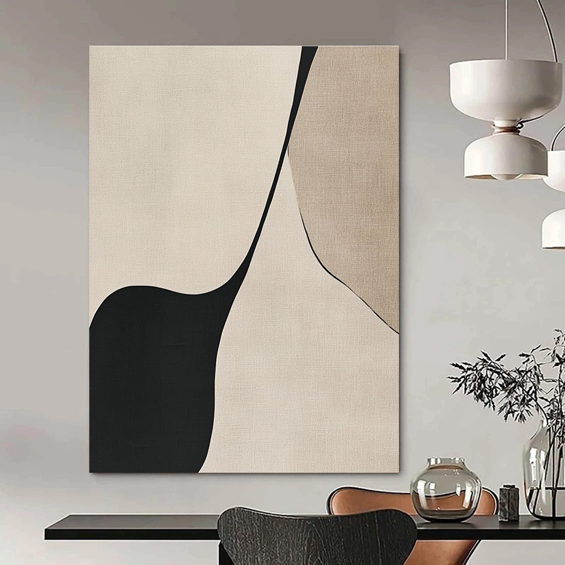 Bold abstract art featuring black lines on a beige background showcasing the elegant simplicity of the female form through simple shapes and curves.STSC1324