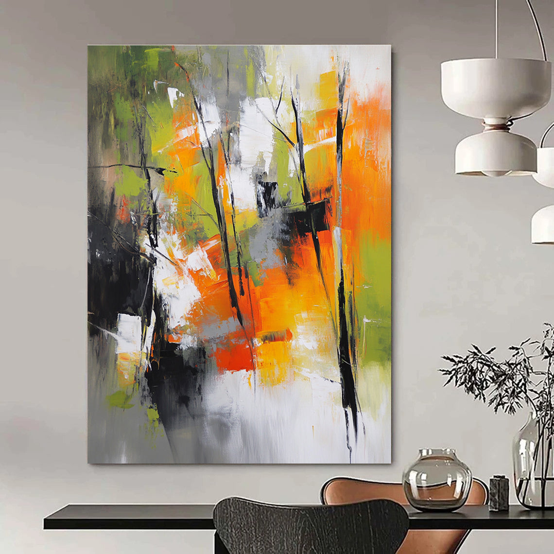 Abstract painting featuring a vibrant autumn forest with green yellow and red hues set against a backdrop of gray white and orange colors.STSC759