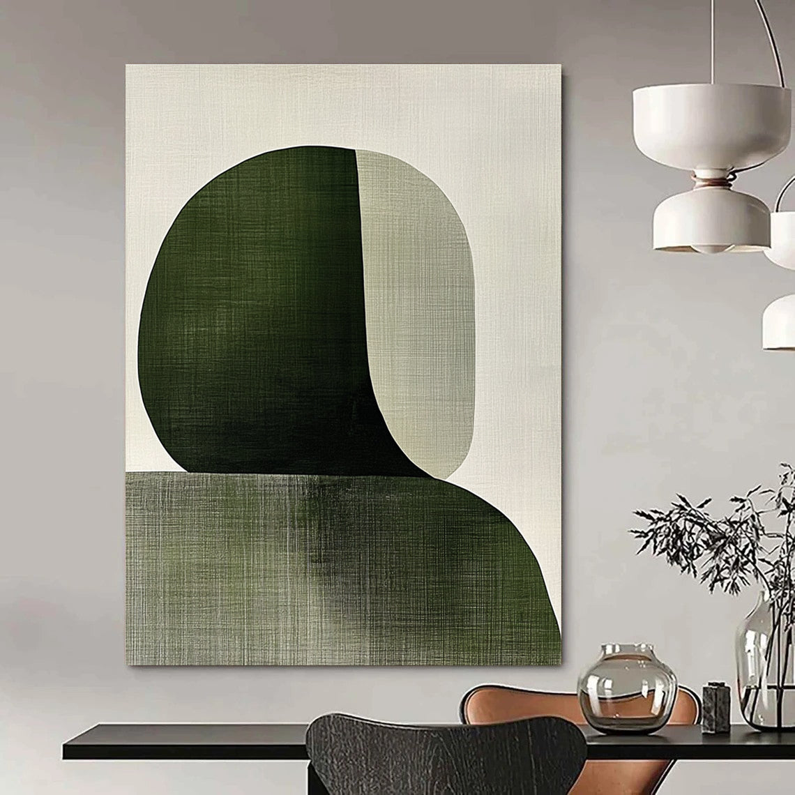 Abstract painting featuring overlapping shapes in sage green and white with visible brush strokes embodying the female form in a minimalist Japandi style.STSC1339