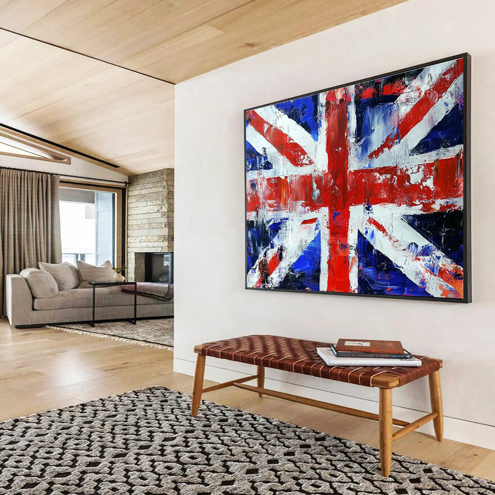Large abstract painting of the British flag featuring a vibrant palette knife technique for a striking visual impact.SC200