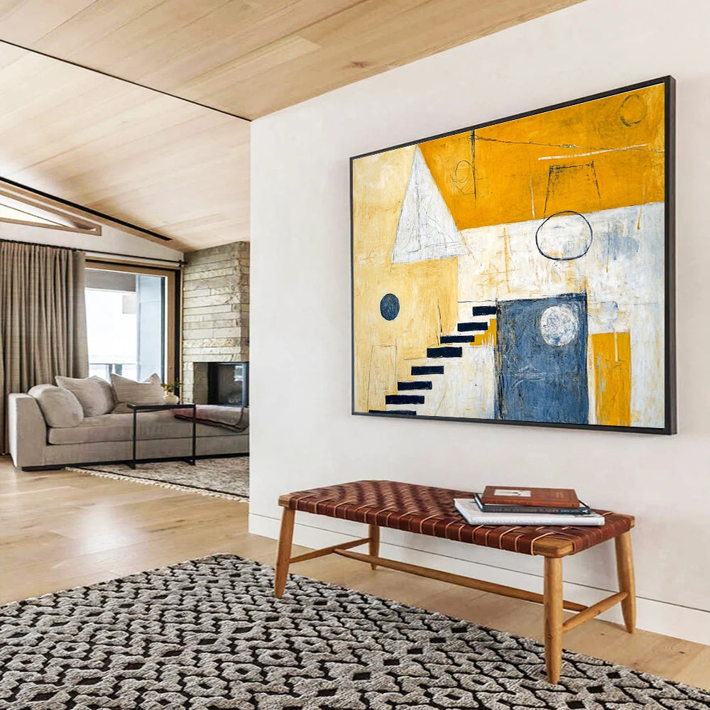A large abstract painting featuring yellow and white hues, stairs leading to the sky, geometric shapes, and contrasting circles and squares.SC392