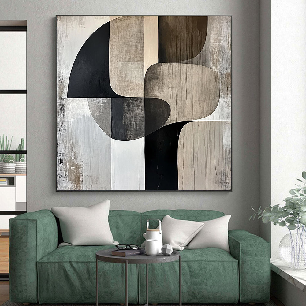 Neutral Shapes Abstract Painting with Black and Beige GER694