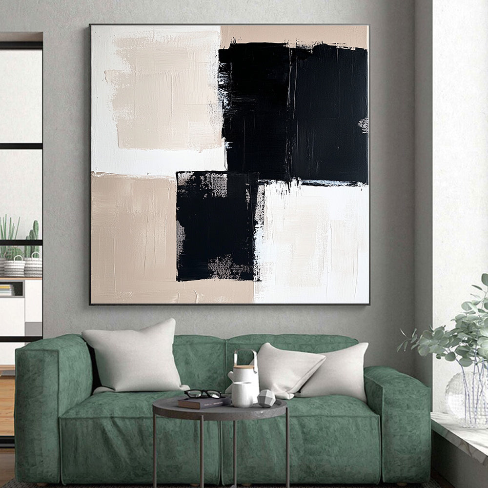 Black Beige and White Abstract Painting with Dynamic Brushstrokes GER503