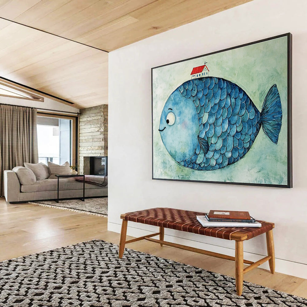 A large abstract blue fish with ripple-like scales and a small red house on its head against a light green textured background.SC478