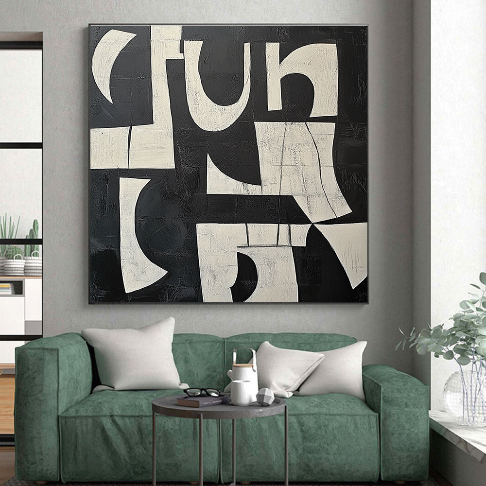 Textured Black and White Block Abstract with Layered Shapes GER239