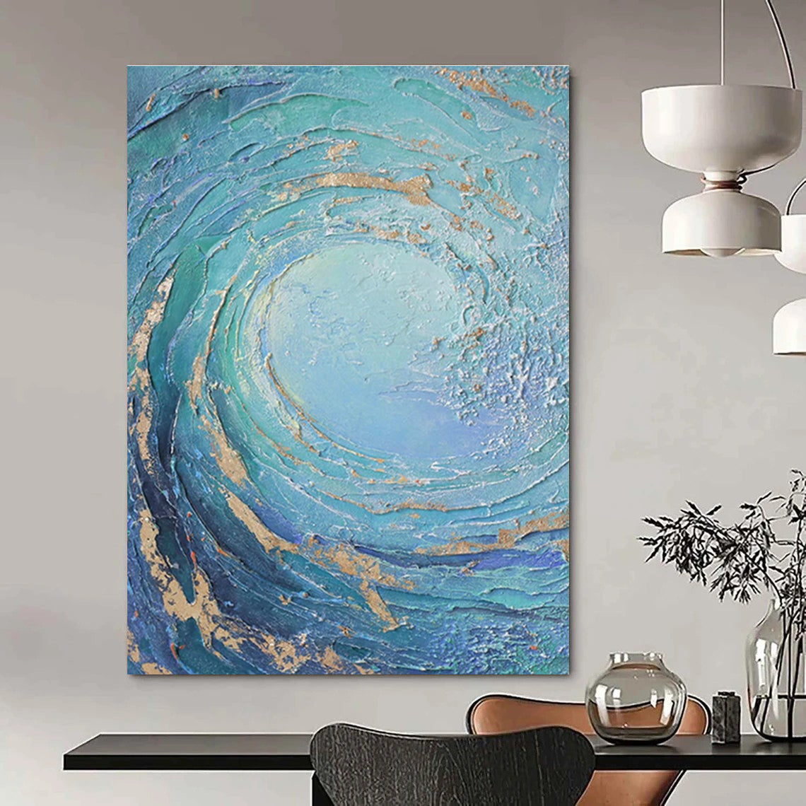 Blue and Gold Swirl Abstract Painting with Textured Layers ADGE332
